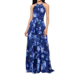 B&A by Betsy & Adam Blue Floral Halter Maxi Dress 4P NWT